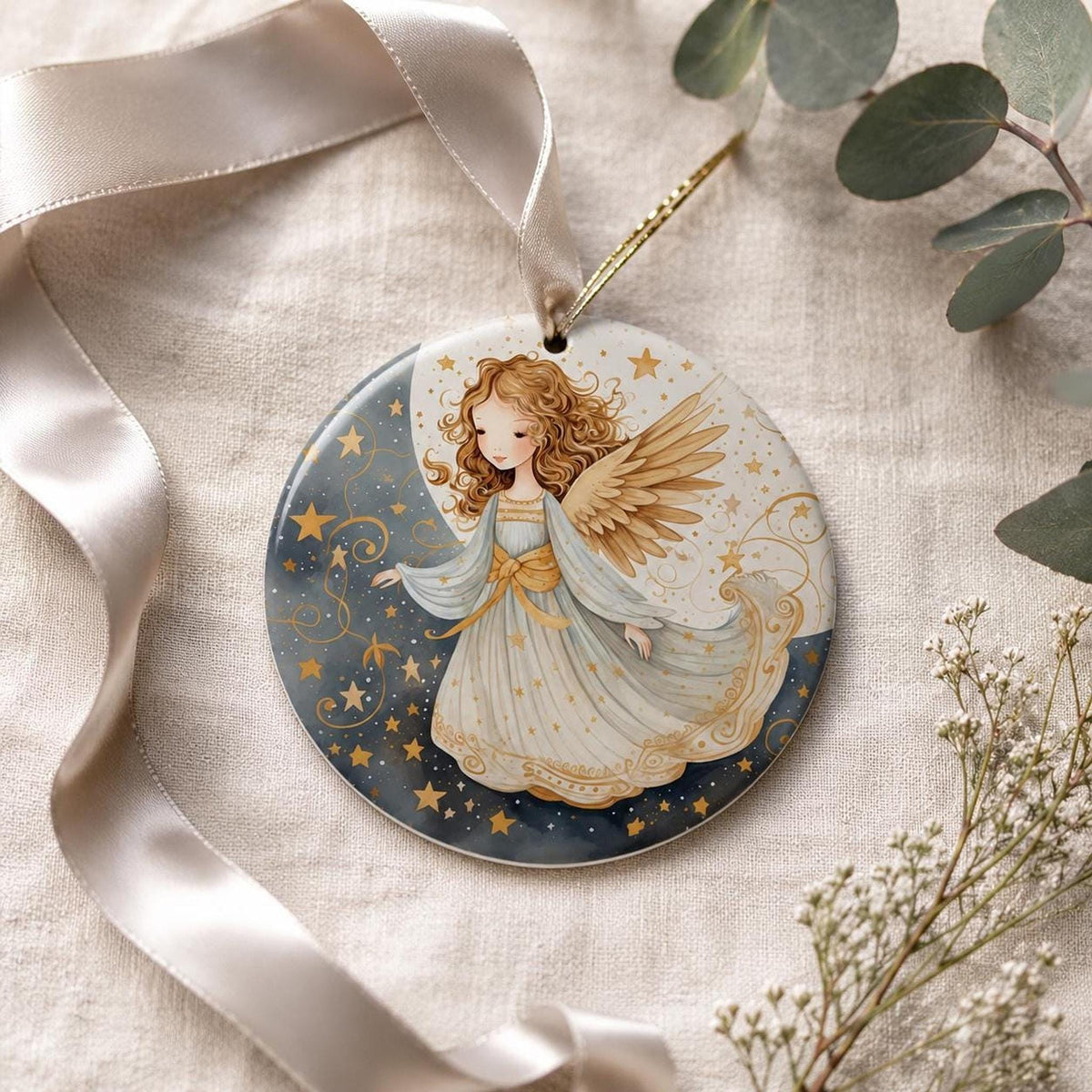 Angel Holiday Decor Ceramic Ornament, Celestial Design with Gold Star
