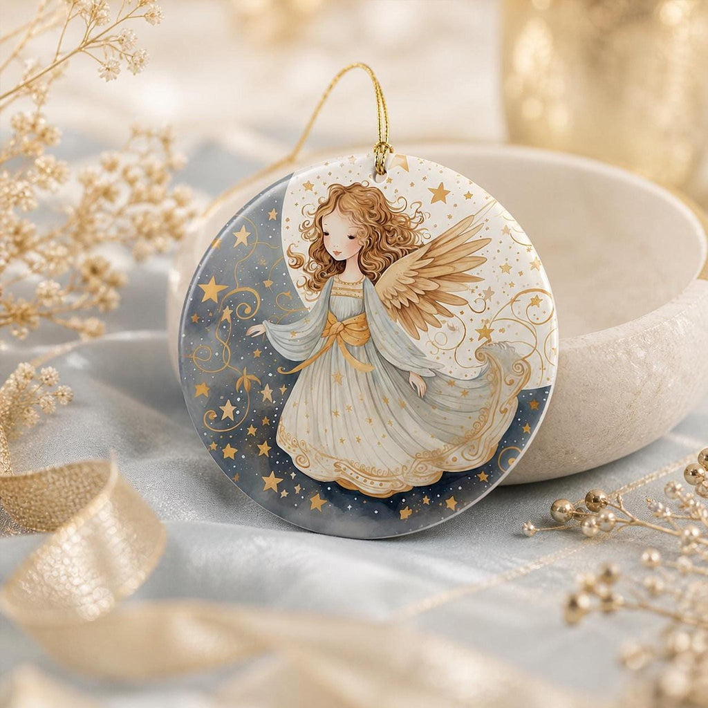 Angel Holiday Decor Ceramic Ornament, Celestial Design with Gold Star