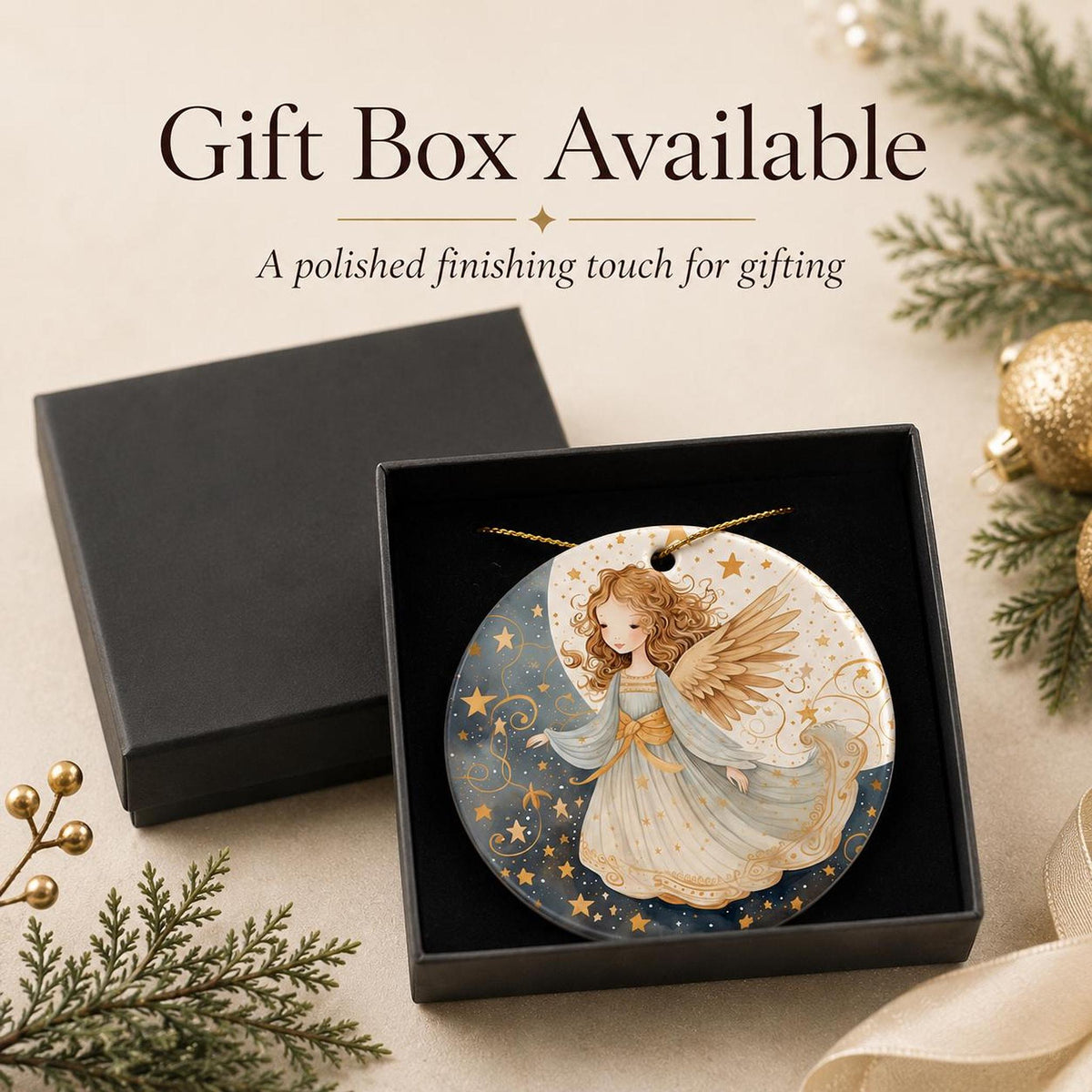 Angel Holiday Decor Ceramic Ornament, Celestial Design with Gold Star