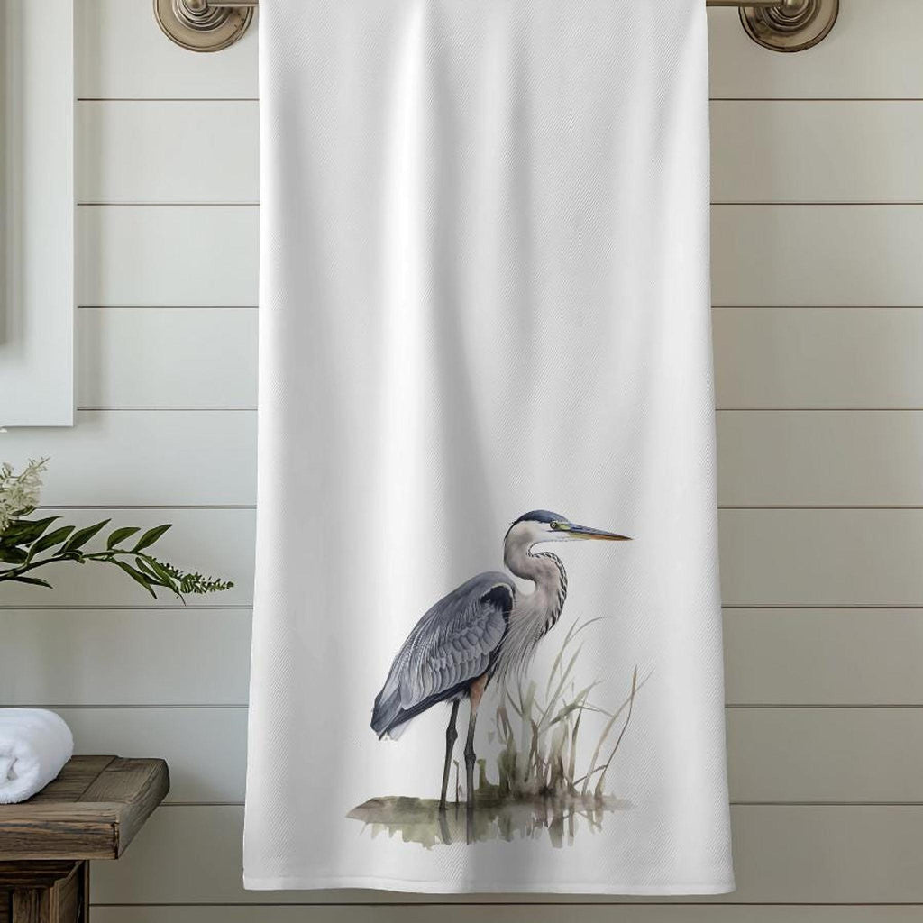 Blue Heron Watercolor Bath Towel, Nature Inspired Coastal Decor