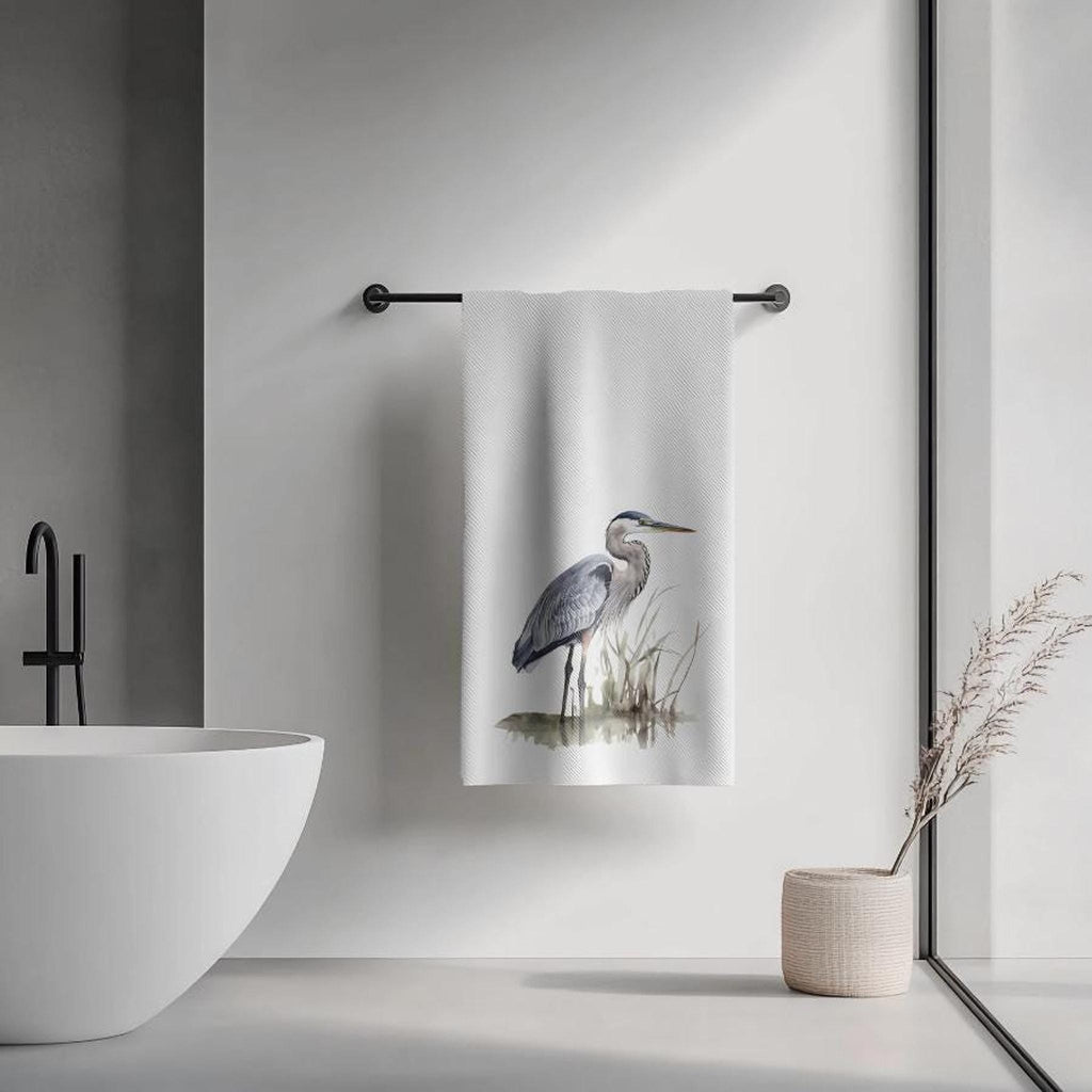 Blue Heron Watercolor Bath Towel, Nature Inspired Coastal Decor
