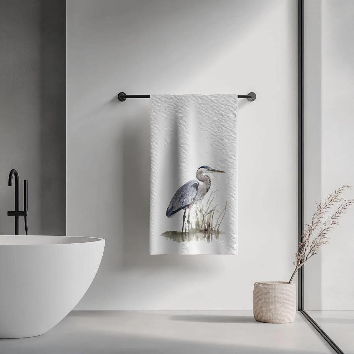 Blue Heron Watercolor Bath Towel, Nature Inspired Coastal Decor