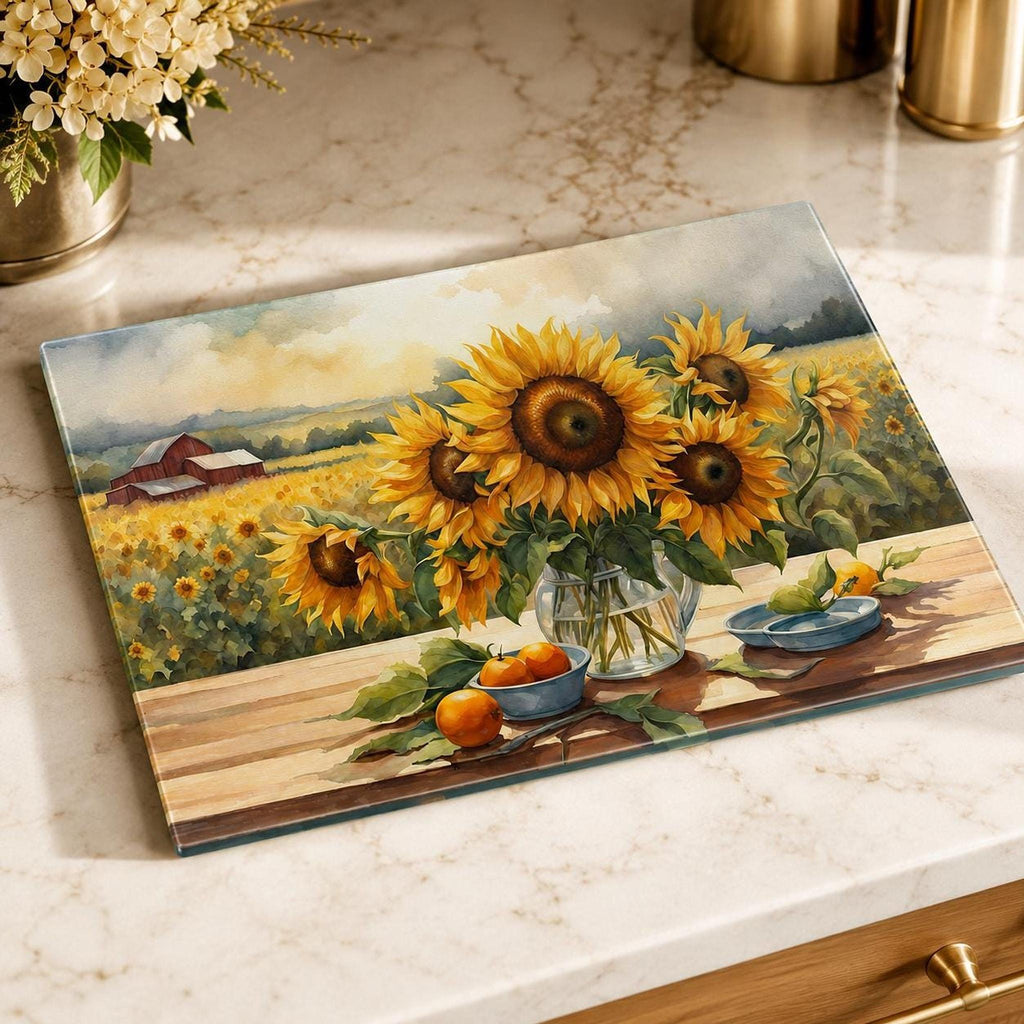 Glass Cutting Board with Sunflower Design, Tempered Charcuterie Tray