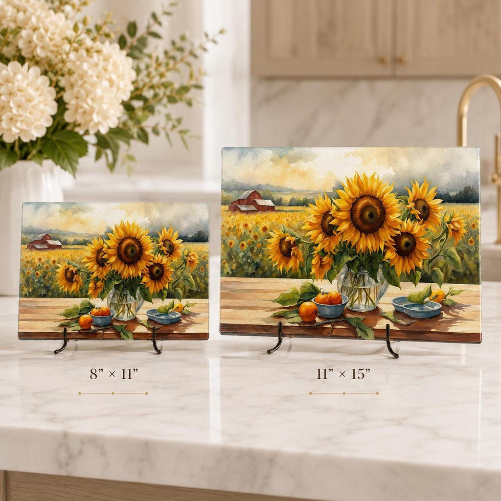 Glass Cutting Board with Sunflower Design, Tempered Charcuterie Tray