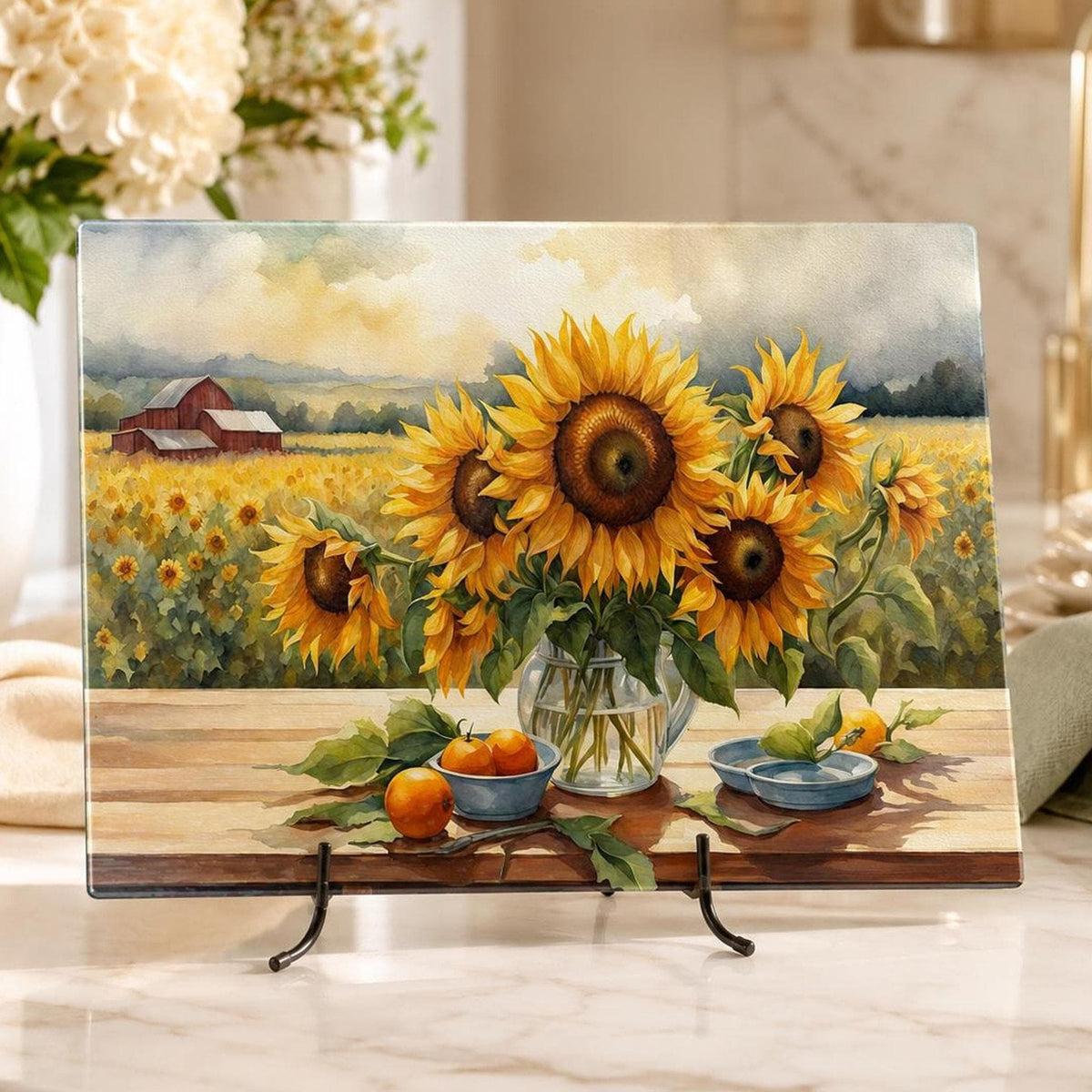 Glass Cutting Board with Sunflower Design, Tempered Charcuterie Tray