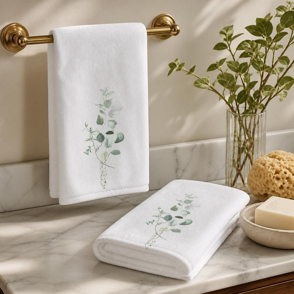 Eucalyptus Towel Set, White Botanical Hand for Spa Bathroom Decor