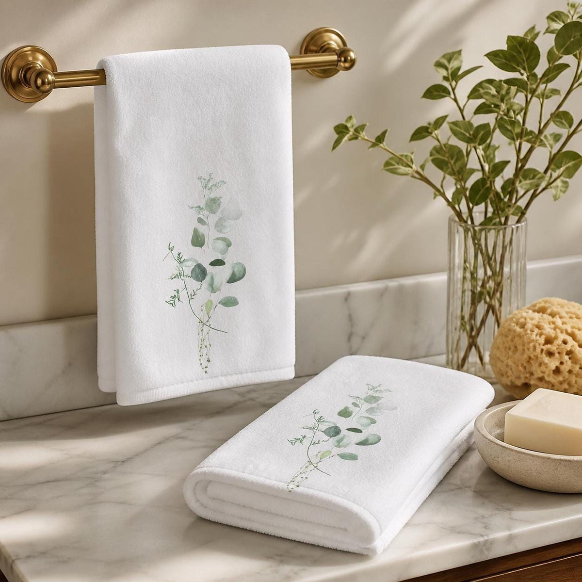 Eucalyptus Towel Set, White Botanical Hand for Spa Bathroom Decor