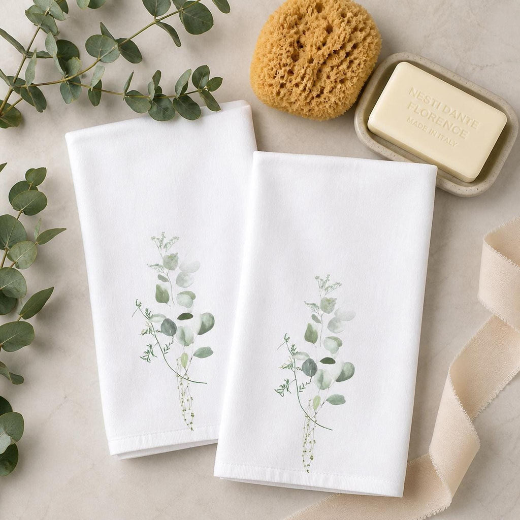 Eucalyptus Towel Set, White Botanical Hand for Spa Bathroom Decor