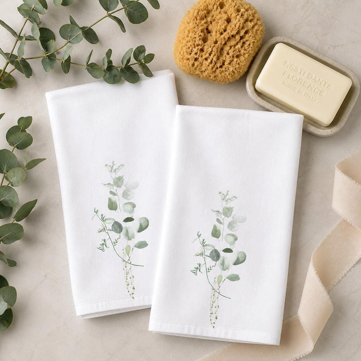 Eucalyptus Towel Set, White Botanical Hand for Spa Bathroom Decor