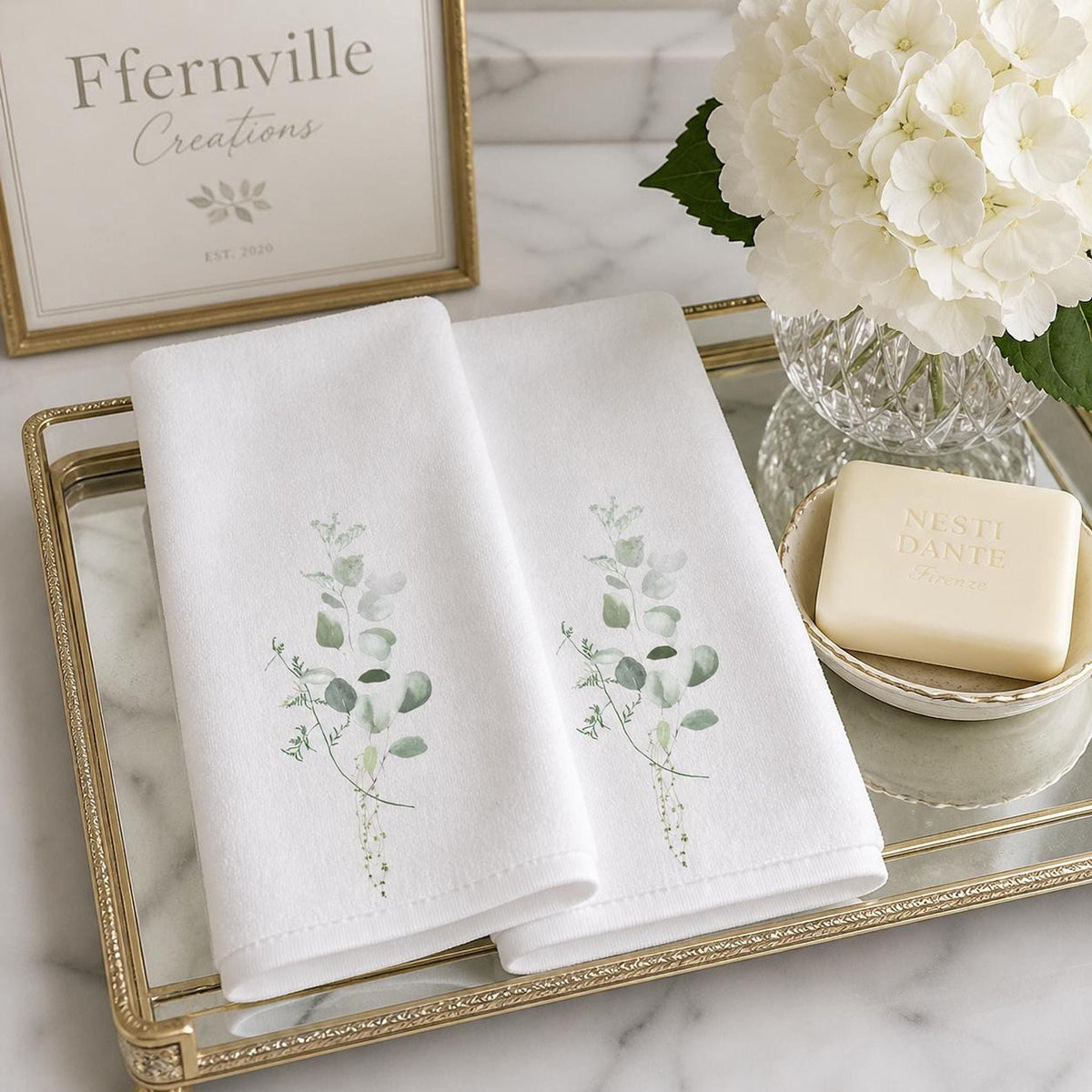 Eucalyptus Towel Set, White Botanical Hand for Spa Bathroom Decor
