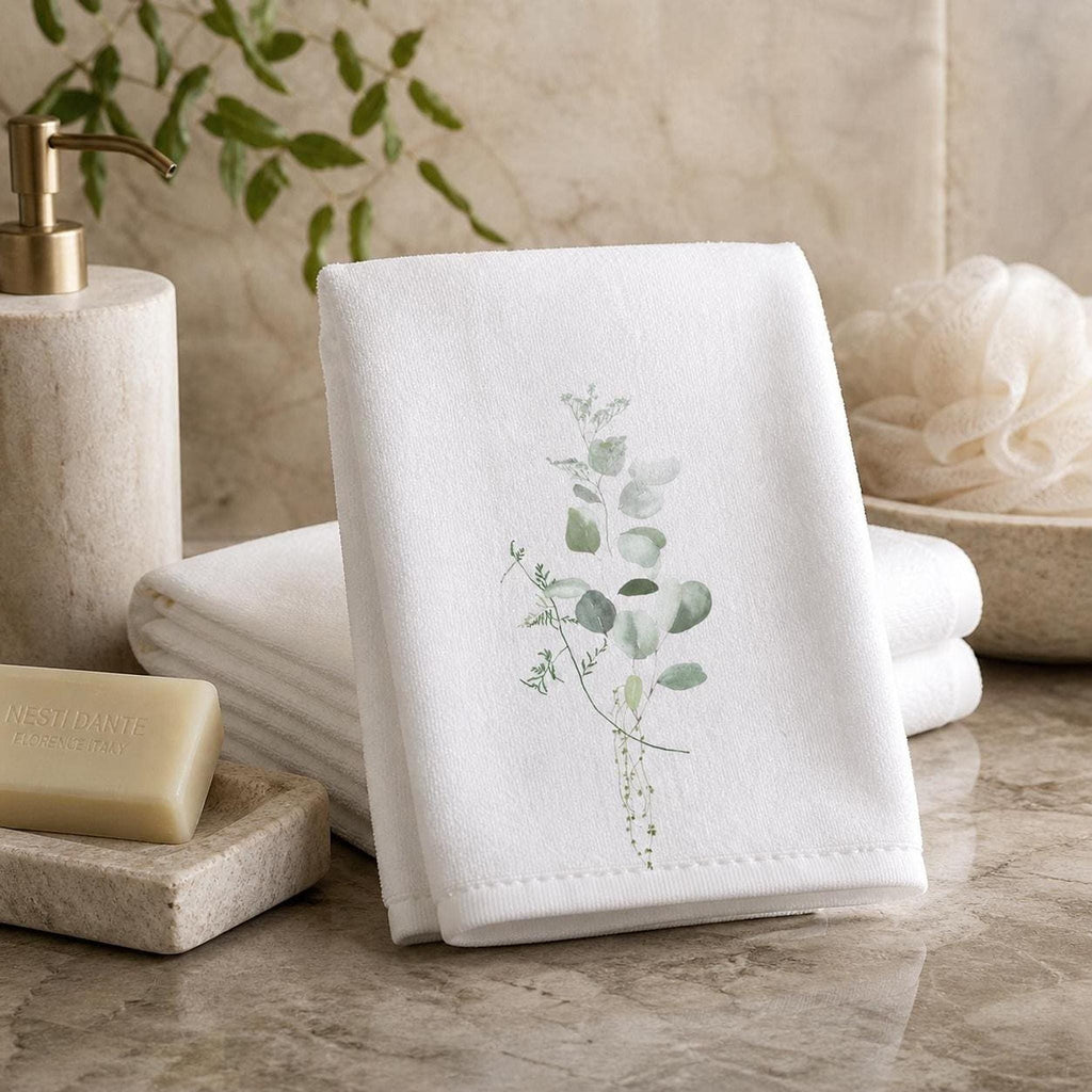 Eucalyptus Towel Set, White Botanical Hand for Spa Bathroom Decor