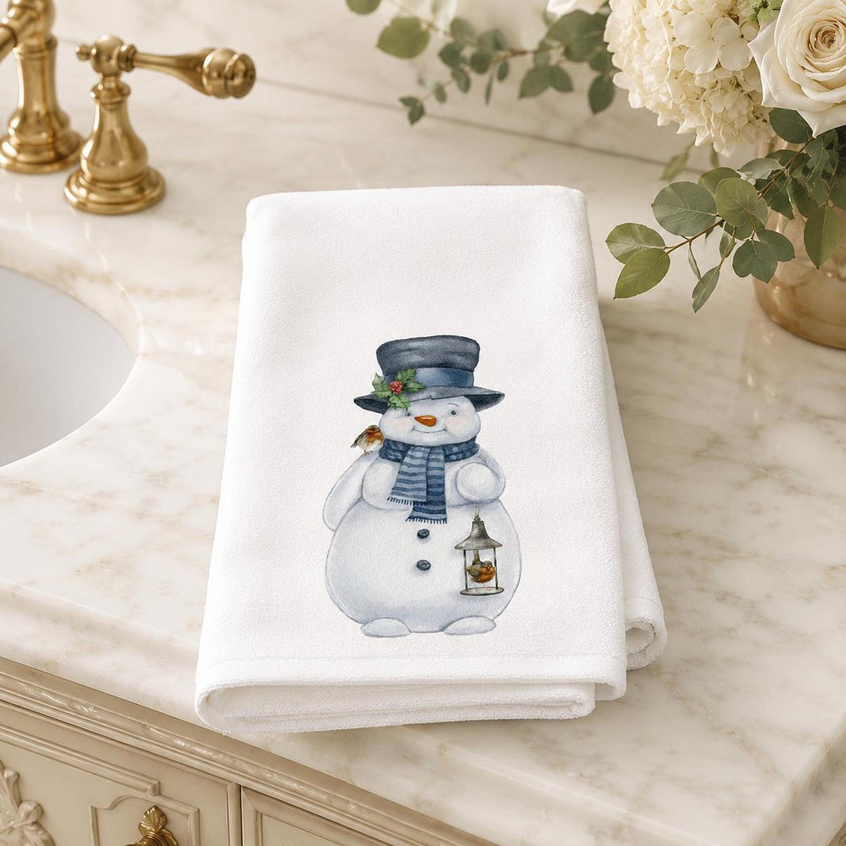 Snowman Towel, Winter Hand with Charming Watercolor Design