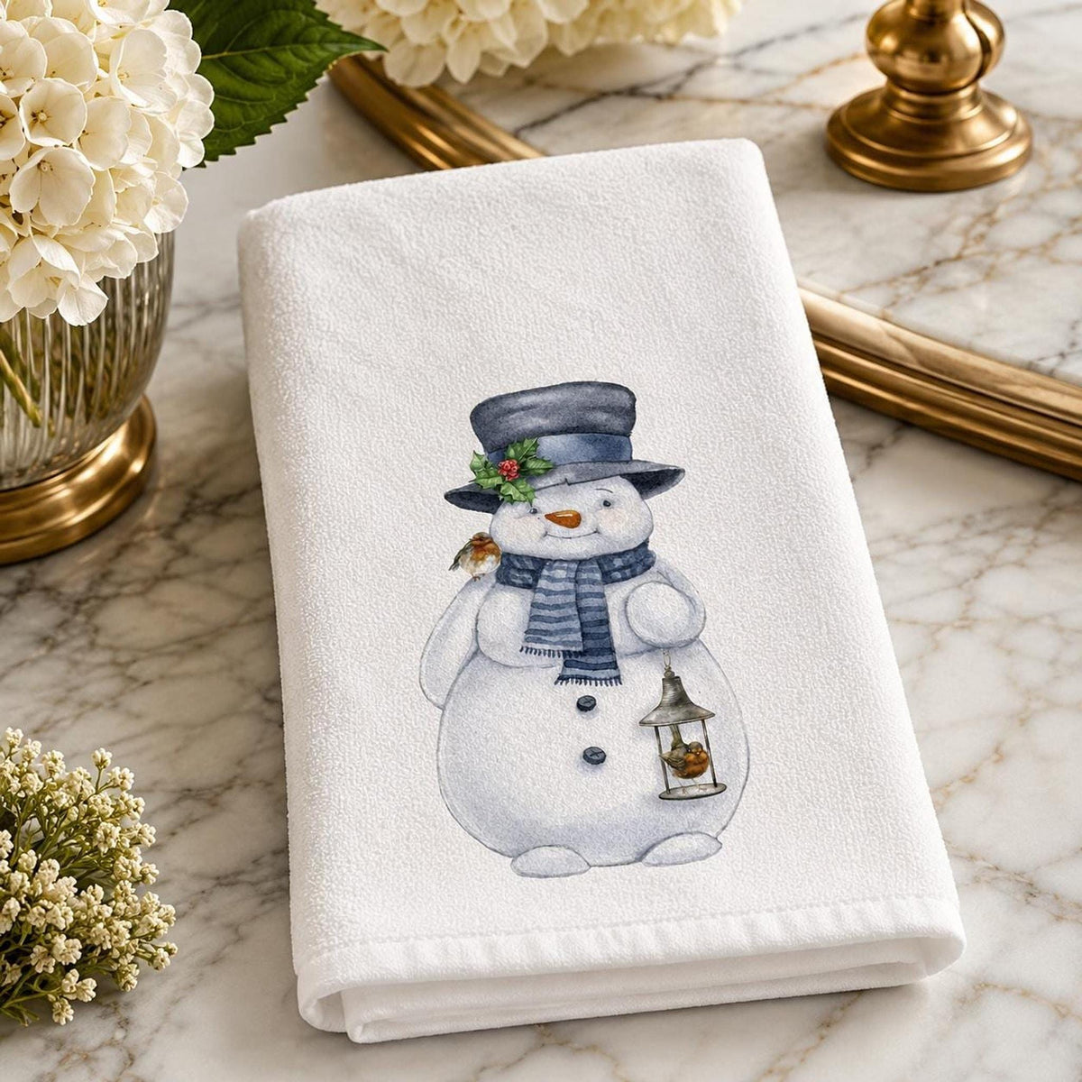 Snowman Towel, Winter Hand with Charming Watercolor Design