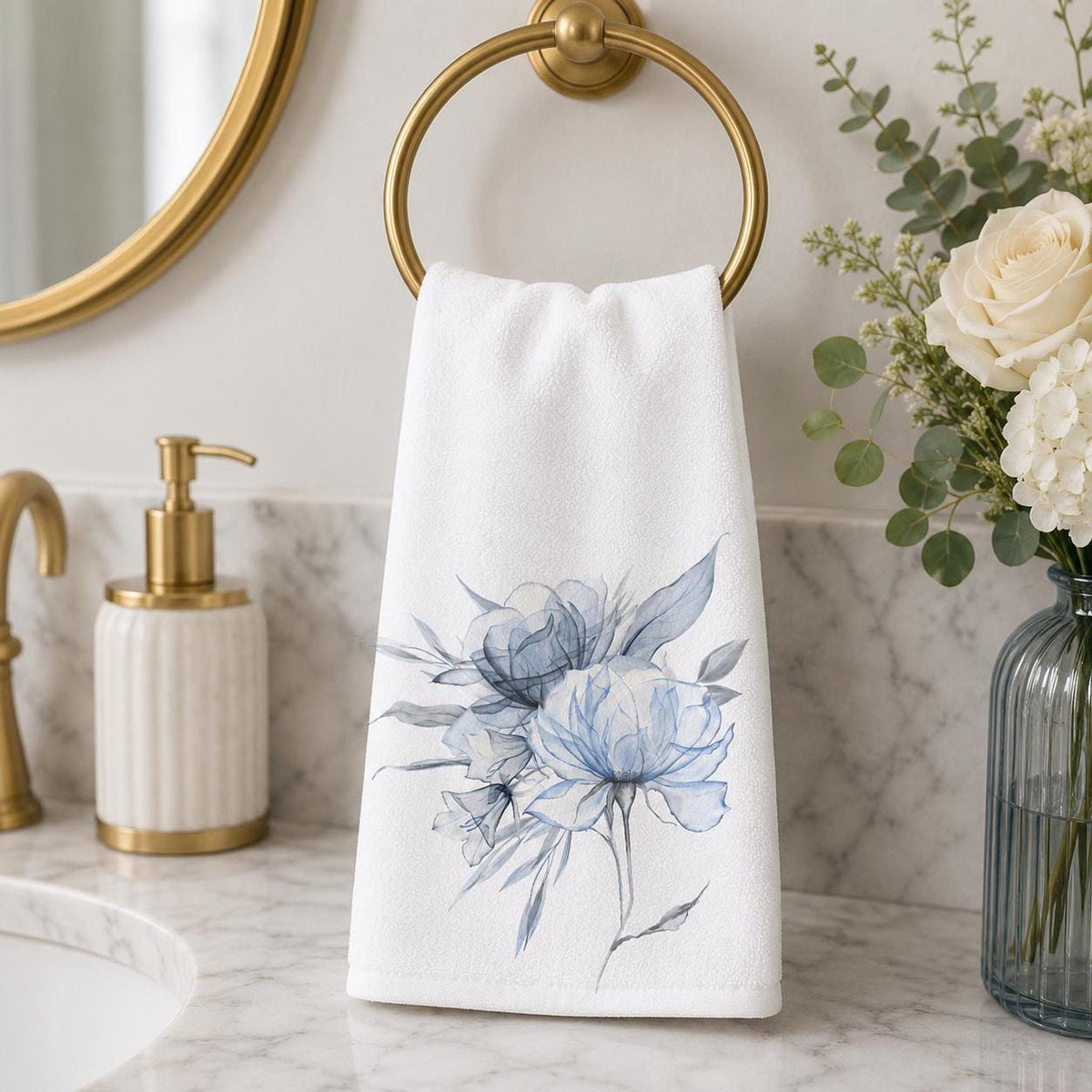 Floral Hand Towel with Blue Watercolor Design, Soft Cotton Terry Back