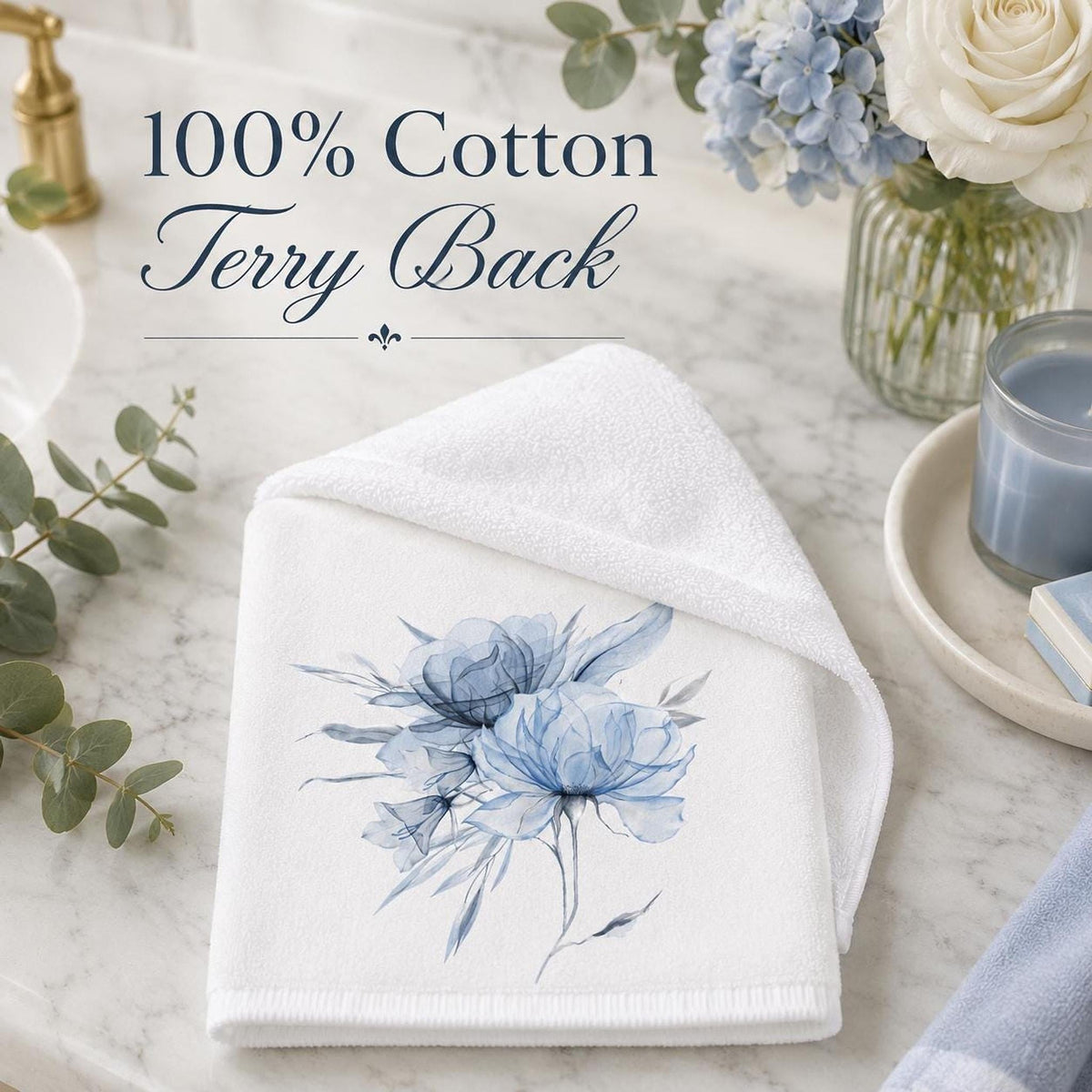 Floral Hand Towel with Blue Watercolor Design, Soft Cotton Terry Back