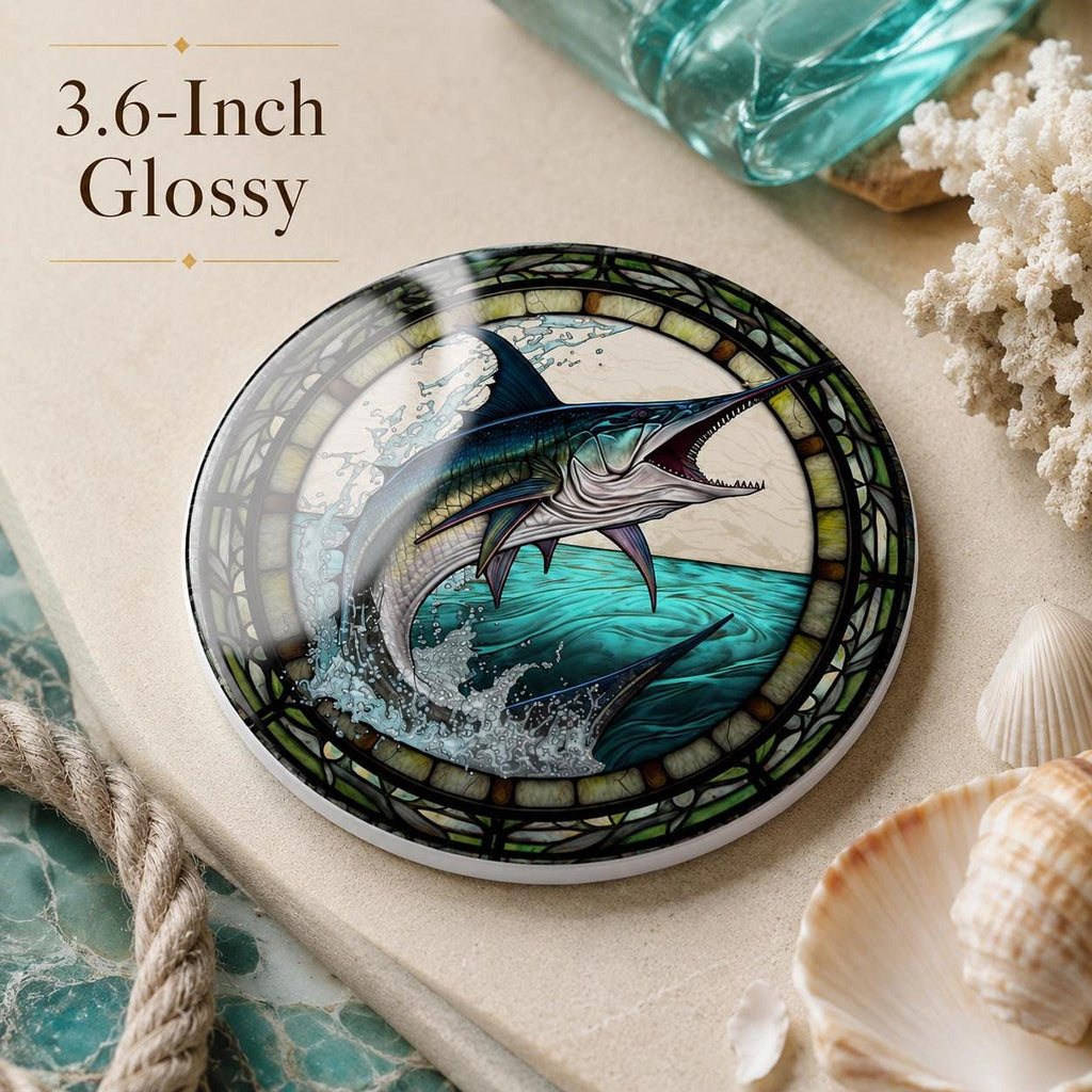 Fishing Coaster with Marlin Design, Coastal Ceramic Drink Mat