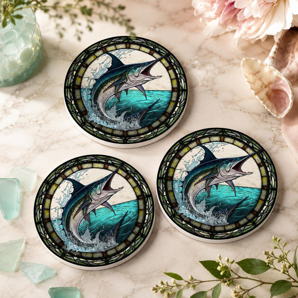 Fishing Coaster with Marlin Design, Coastal Ceramic Drink Mat