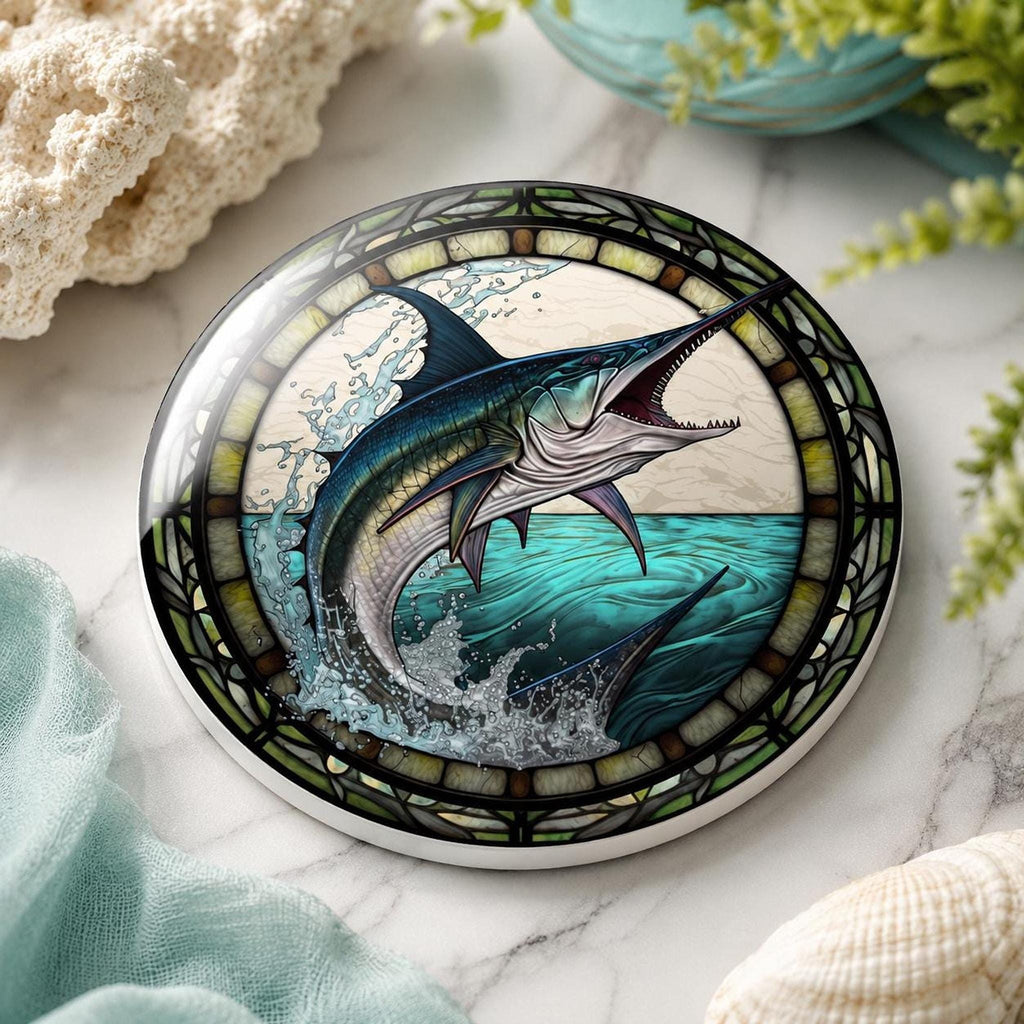 Fishing Coaster with Marlin Design, Coastal Ceramic Drink Mat