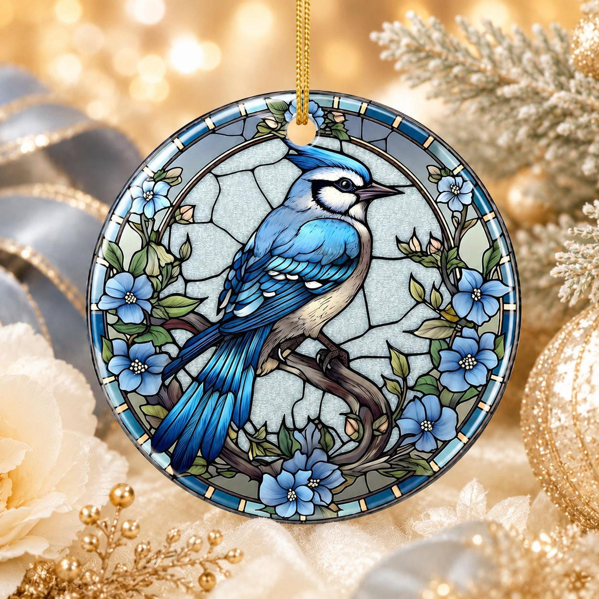 Blue Jay Ornament, Ceramic Keepsake with Stained Glass Inspired Design