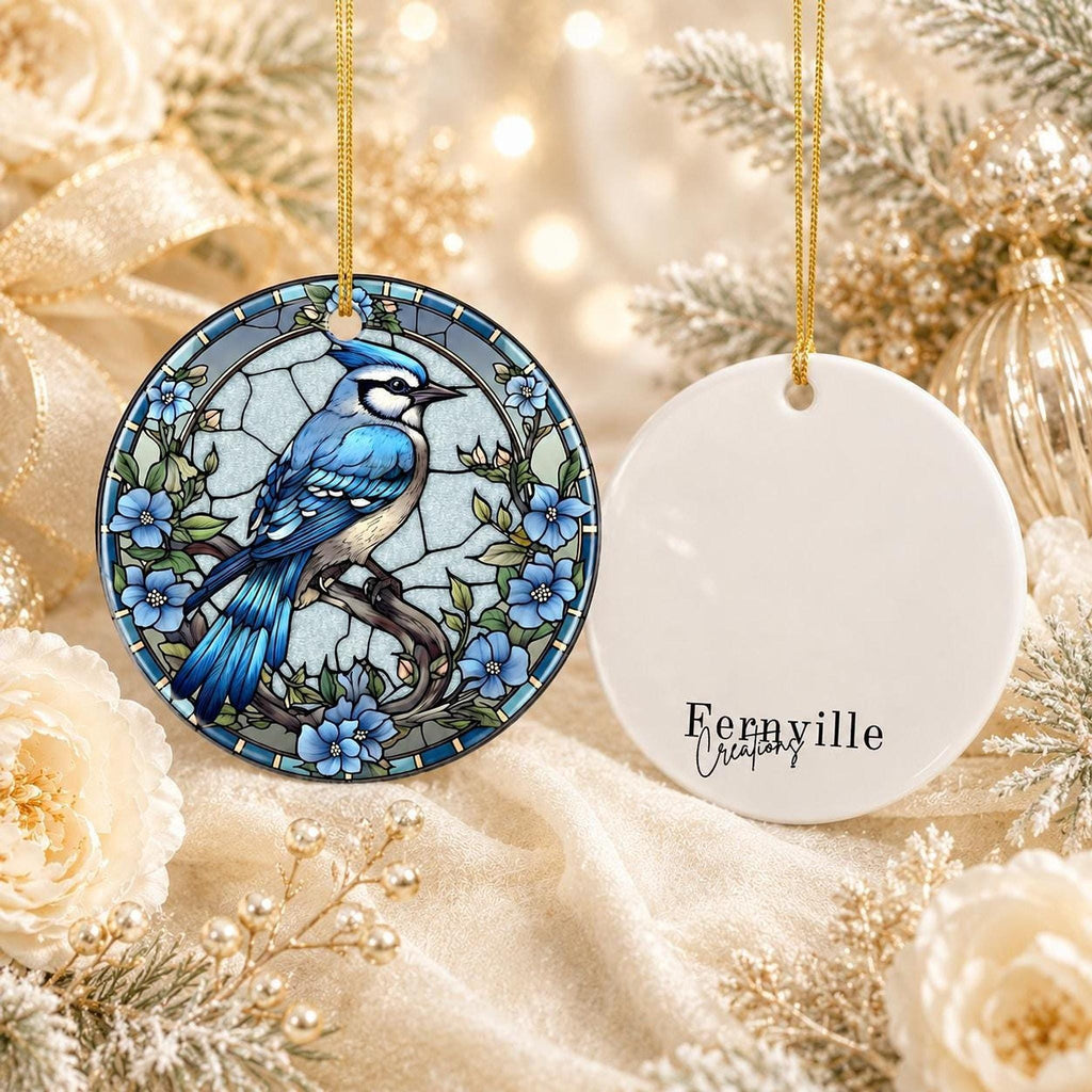 Blue Jay Ornament, Ceramic Keepsake with Stained Glass Inspired Design