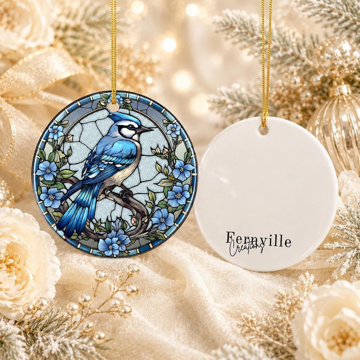 Blue Jay Ornament, Ceramic Keepsake with Stained Glass Inspired Design