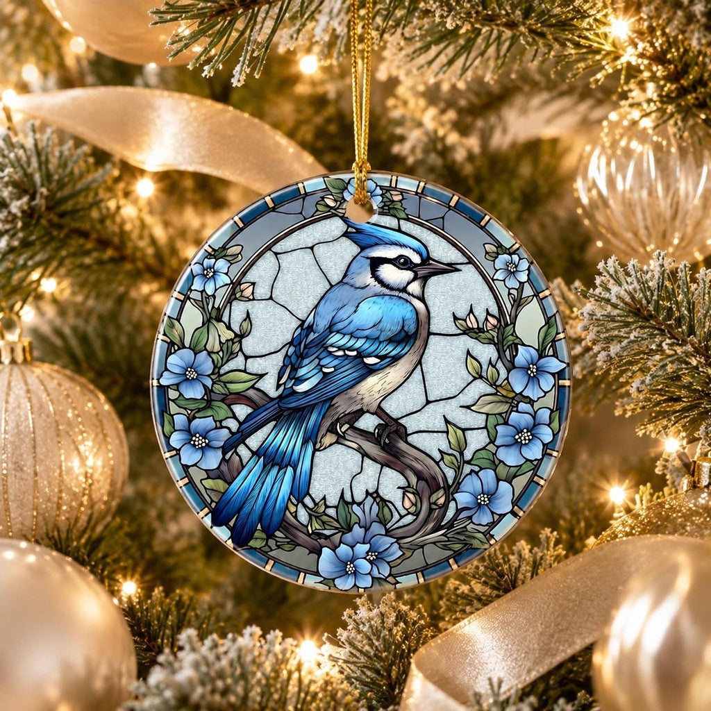 Blue Jay Ornament, Ceramic Keepsake with Stained Glass Inspired Design