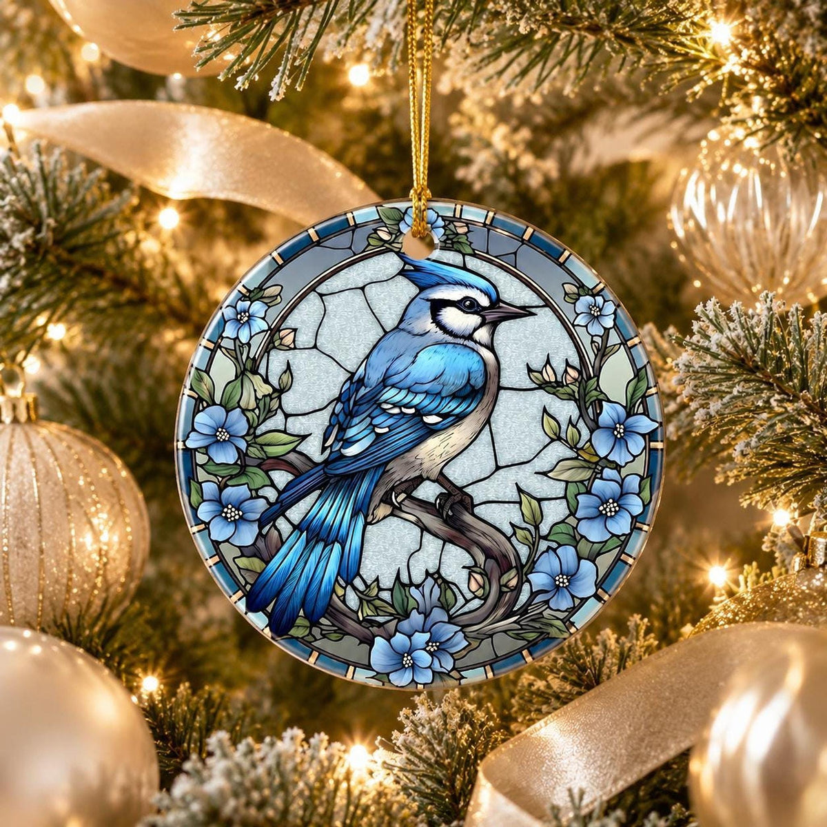Blue Jay Ornament, Ceramic Keepsake with Stained Glass Inspired Design