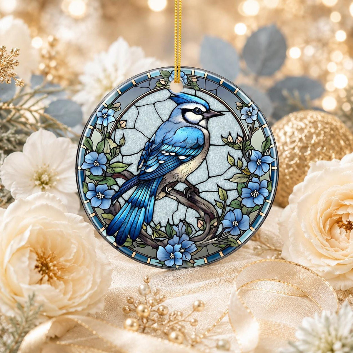 Blue Jay Ornament, Ceramic Keepsake with Stained Glass Inspired Design