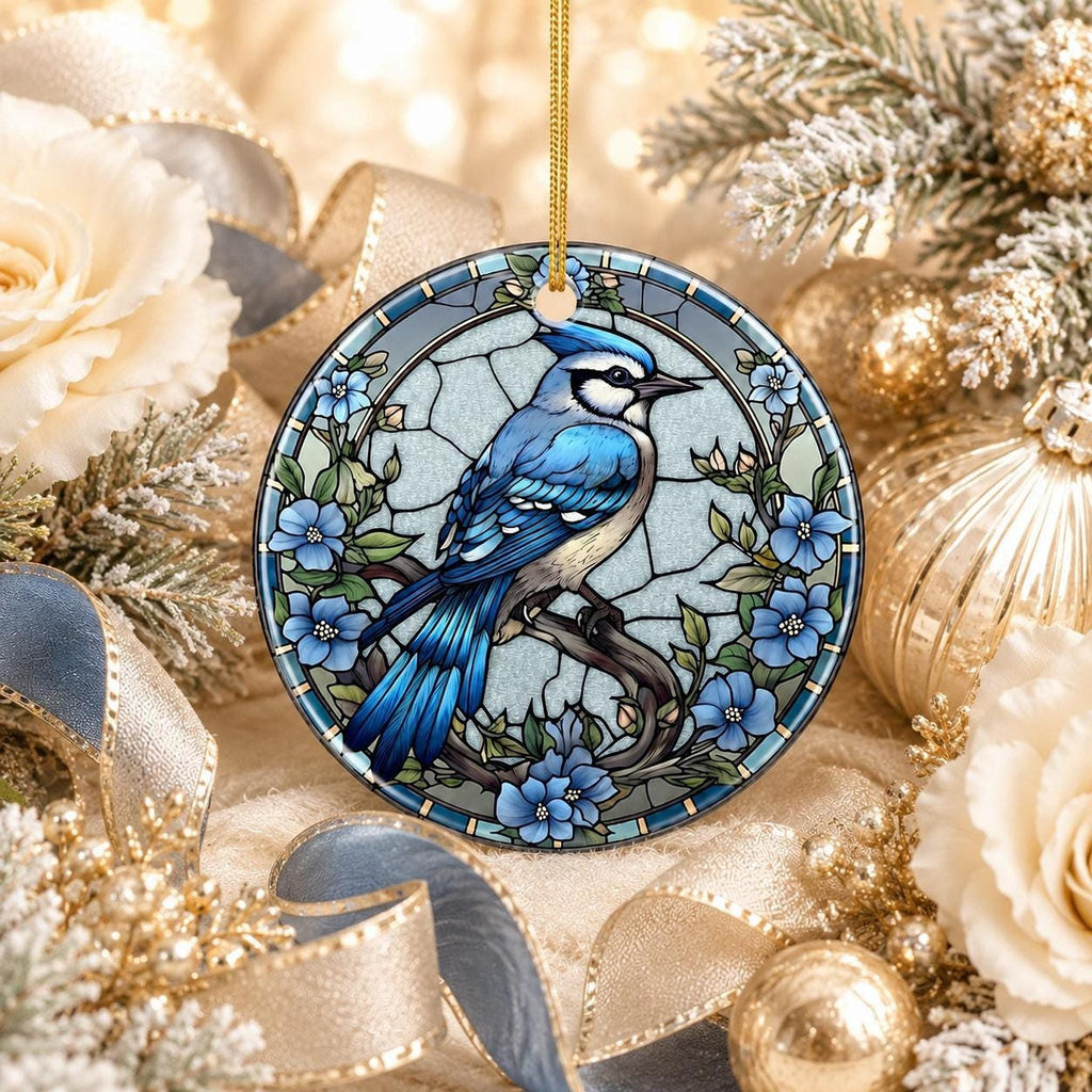 Blue Jay Ornament, Ceramic Keepsake with Stained Glass Inspired Design