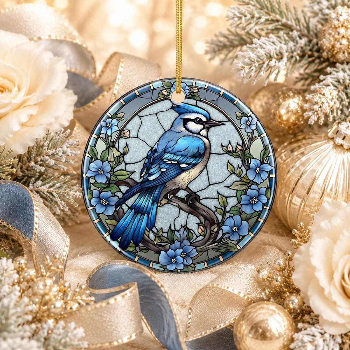Blue Jay Ornament, Ceramic Keepsake with Stained Glass Inspired Design
