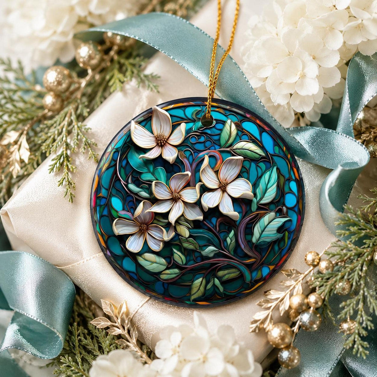 Magnolia Ornament, Teal Floral Ceramic Keepsake with Personalized Option