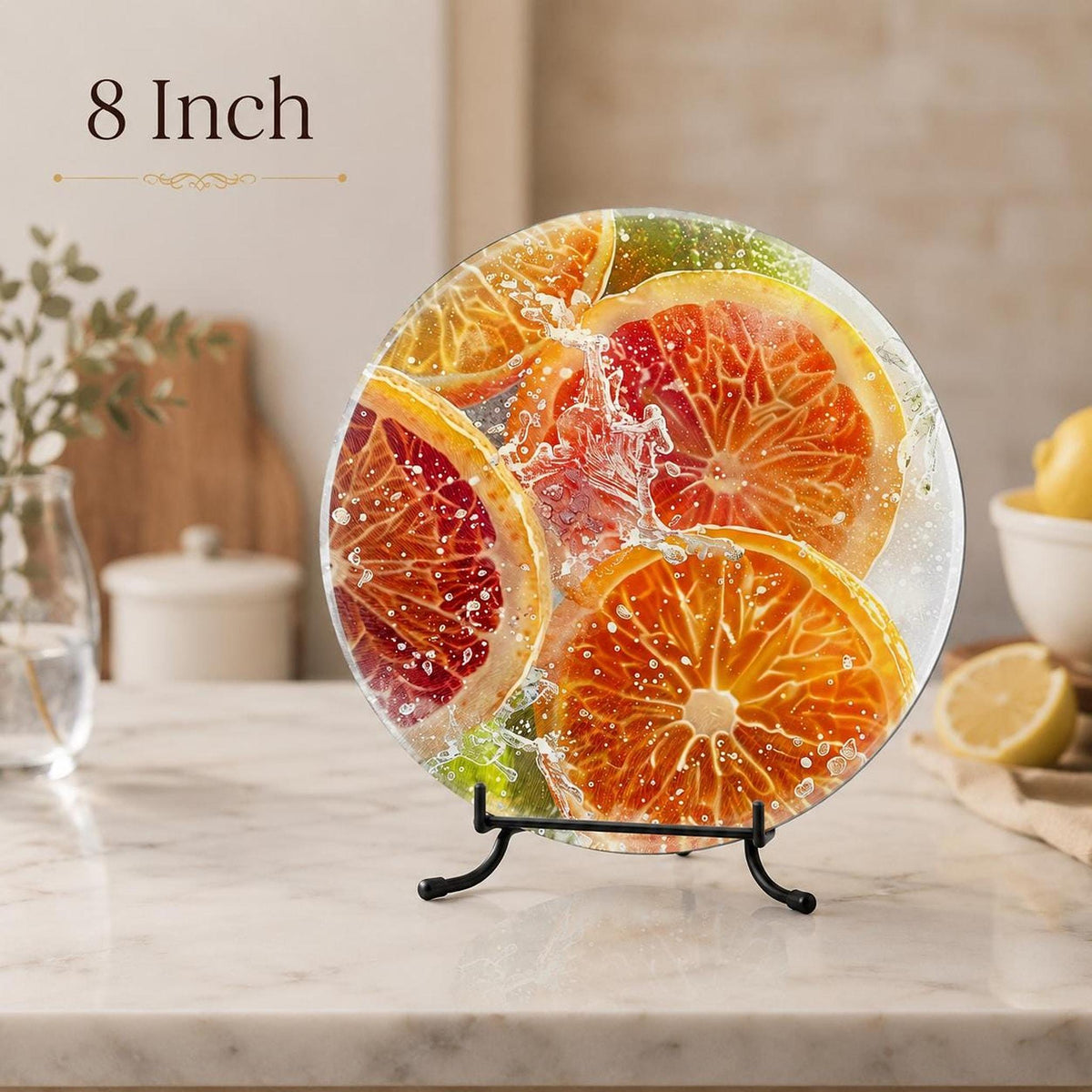 Citrus Cutting Board, Round Tempered Glass Serving Tray with Fruit Design