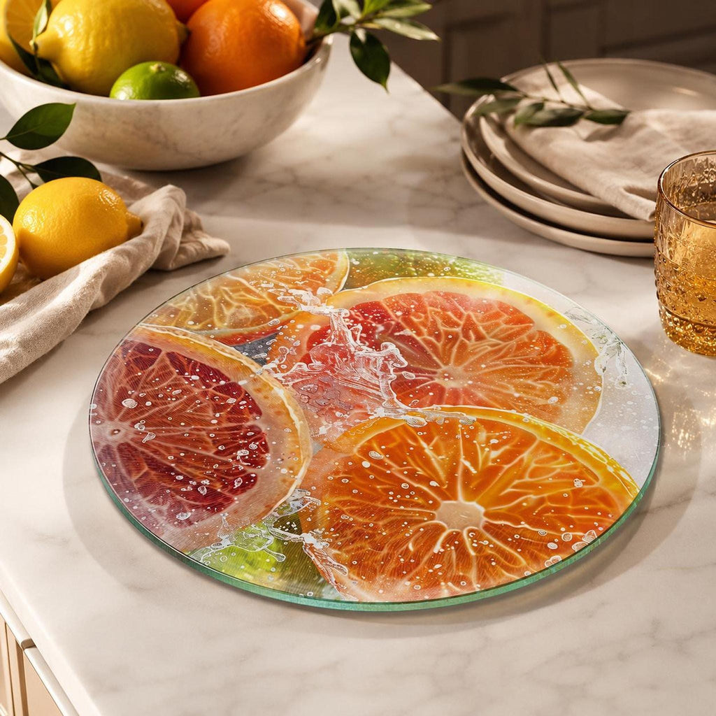 Citrus Cutting Board, Round Tempered Glass Serving Tray with Fruit Design