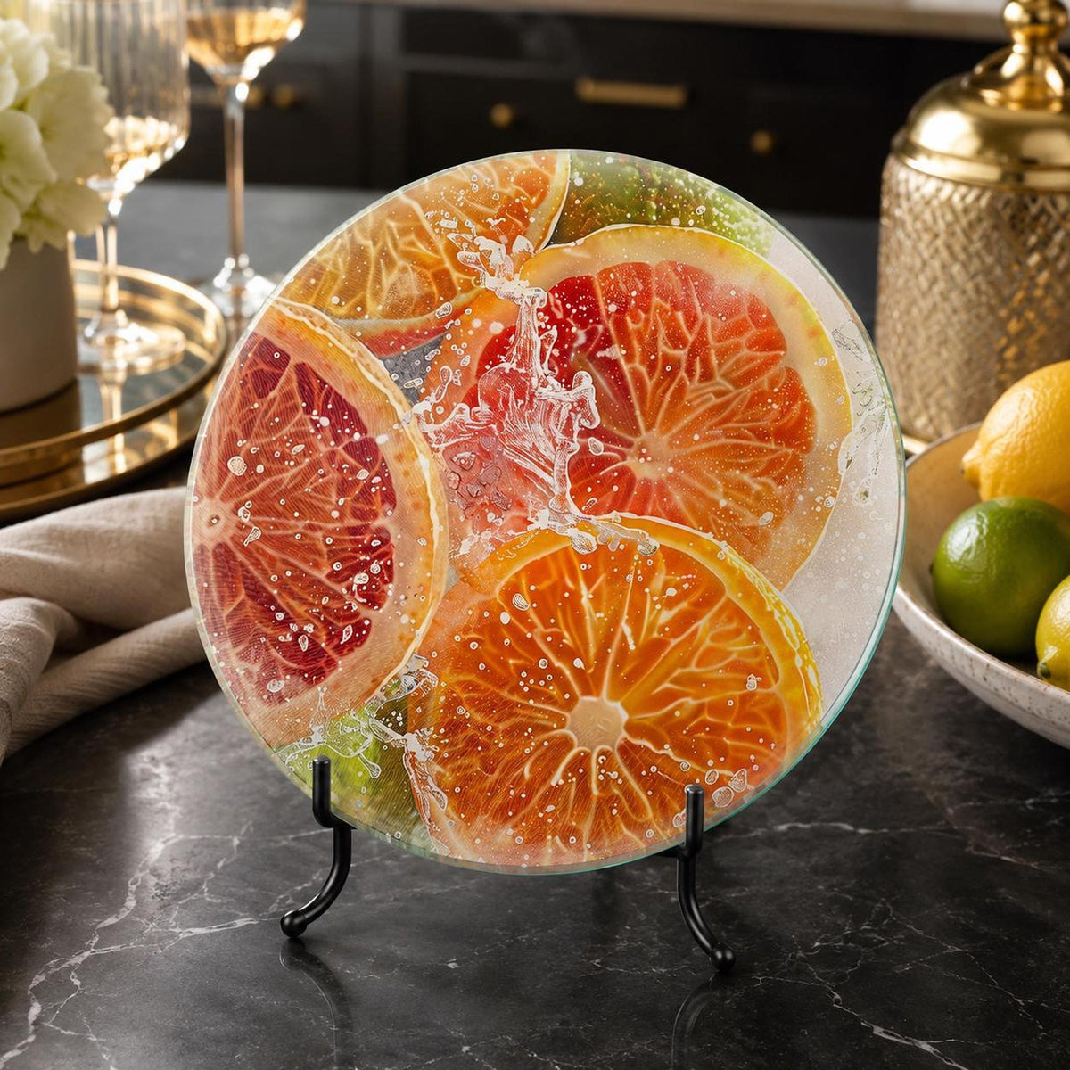 Citrus Cutting Board, Round Tempered Glass Serving Tray with Fruit Design
