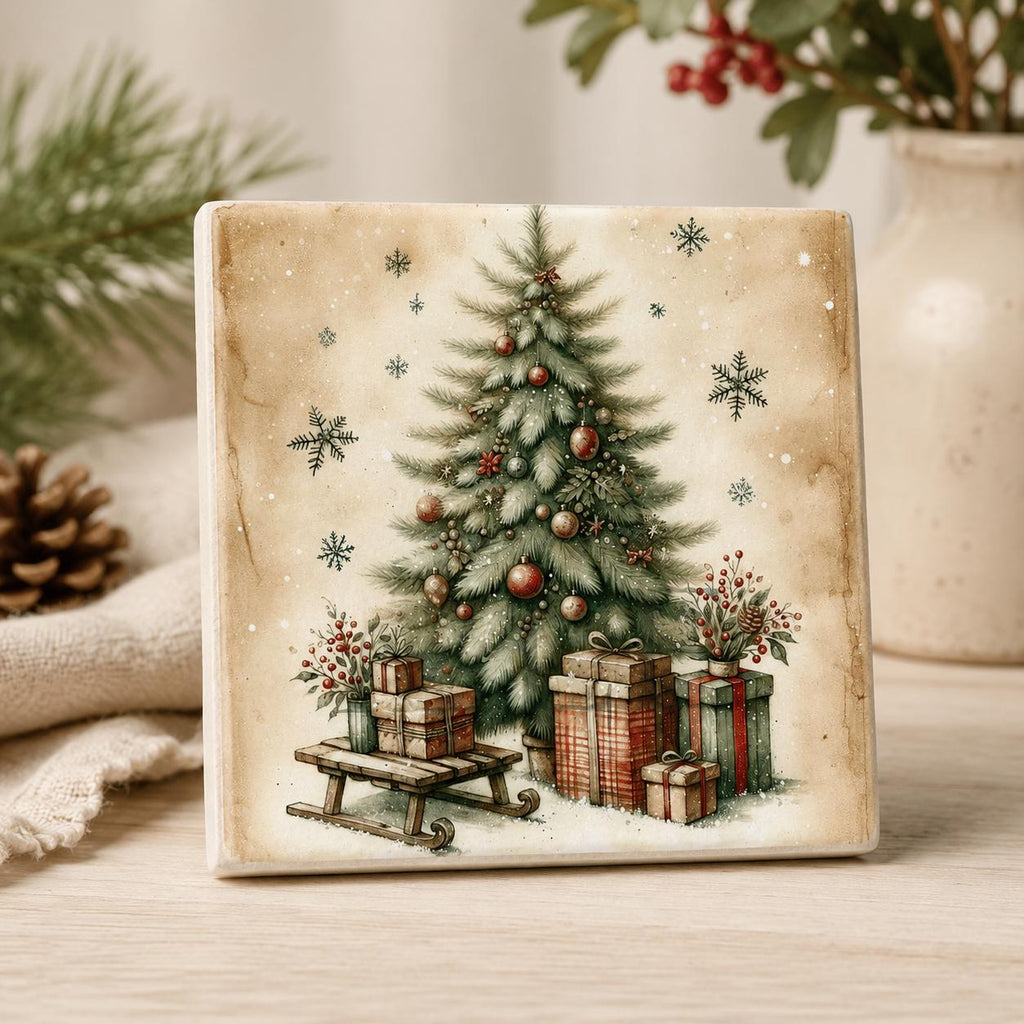 Christmas Coasters Set, Square Ceramic with Vintage Tree Designs