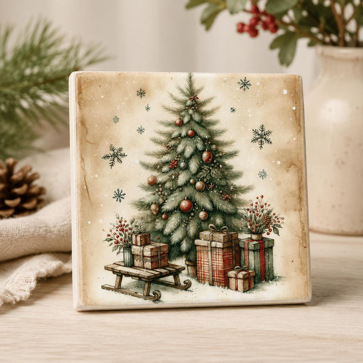 Christmas Coasters Set, Square Ceramic with Vintage Tree Designs