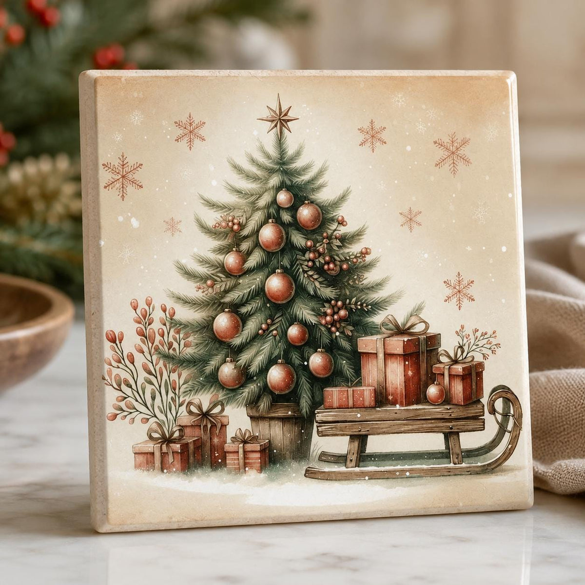 Christmas Coasters Set, Square Ceramic with Vintage Tree Designs