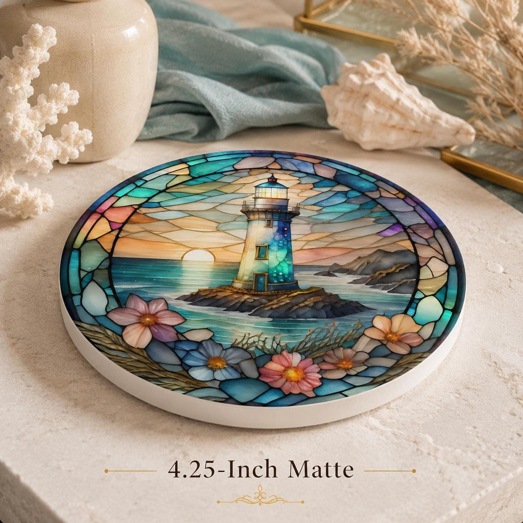 Coastal Coaster with Lighthouse Design, Nautical Ocean Art for Beach Homes
