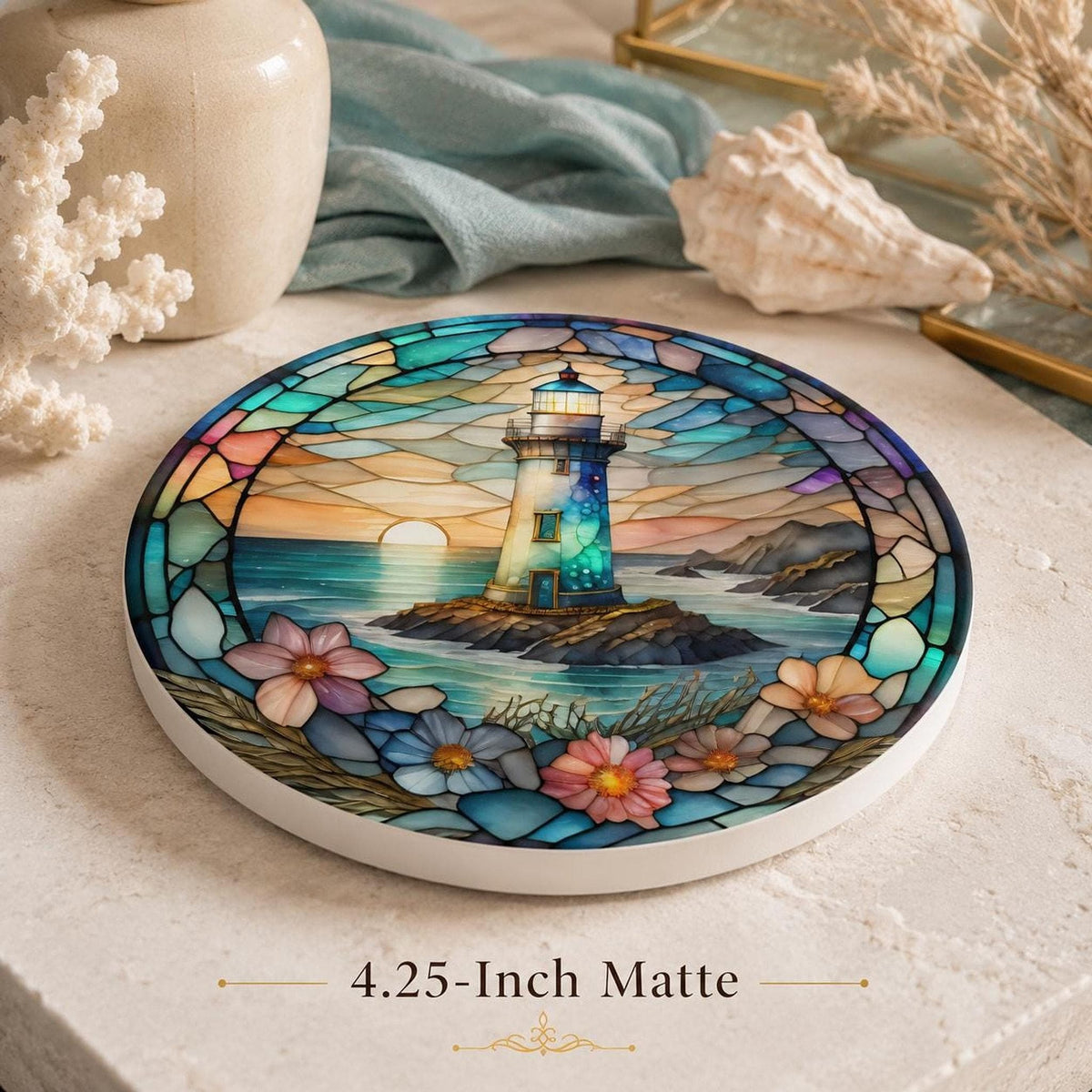 Coastal Coaster with Lighthouse Design, Nautical Ocean Art for Beach Homes
