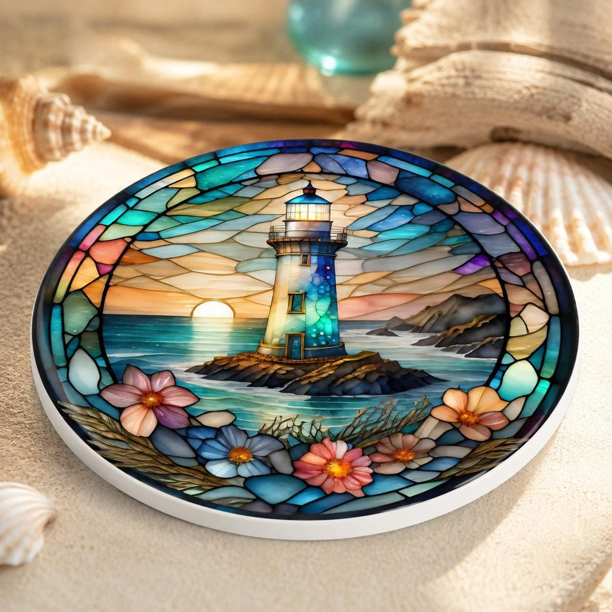 Coastal Coaster with Lighthouse Design, Nautical Ocean Art for Beach Homes