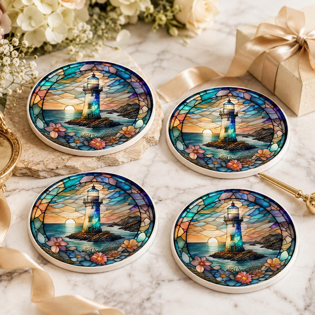 Coastal Coaster with Lighthouse Design, Nautical Ocean Art for Beach Homes