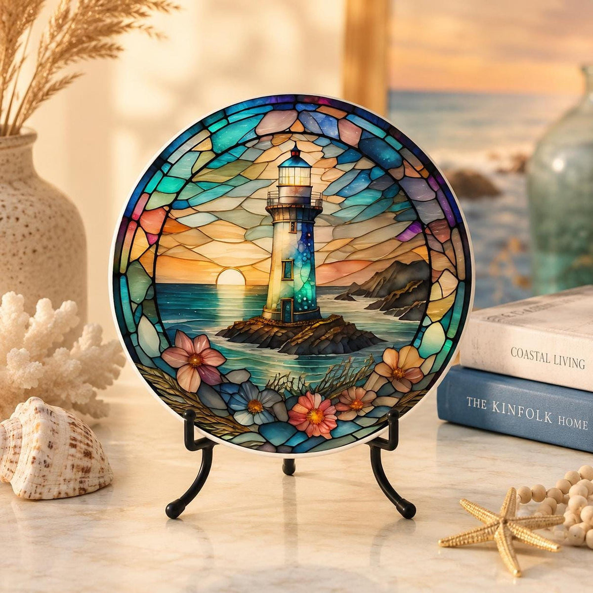 Coastal Coaster with Lighthouse Design, Nautical Ocean Art for Beach Homes