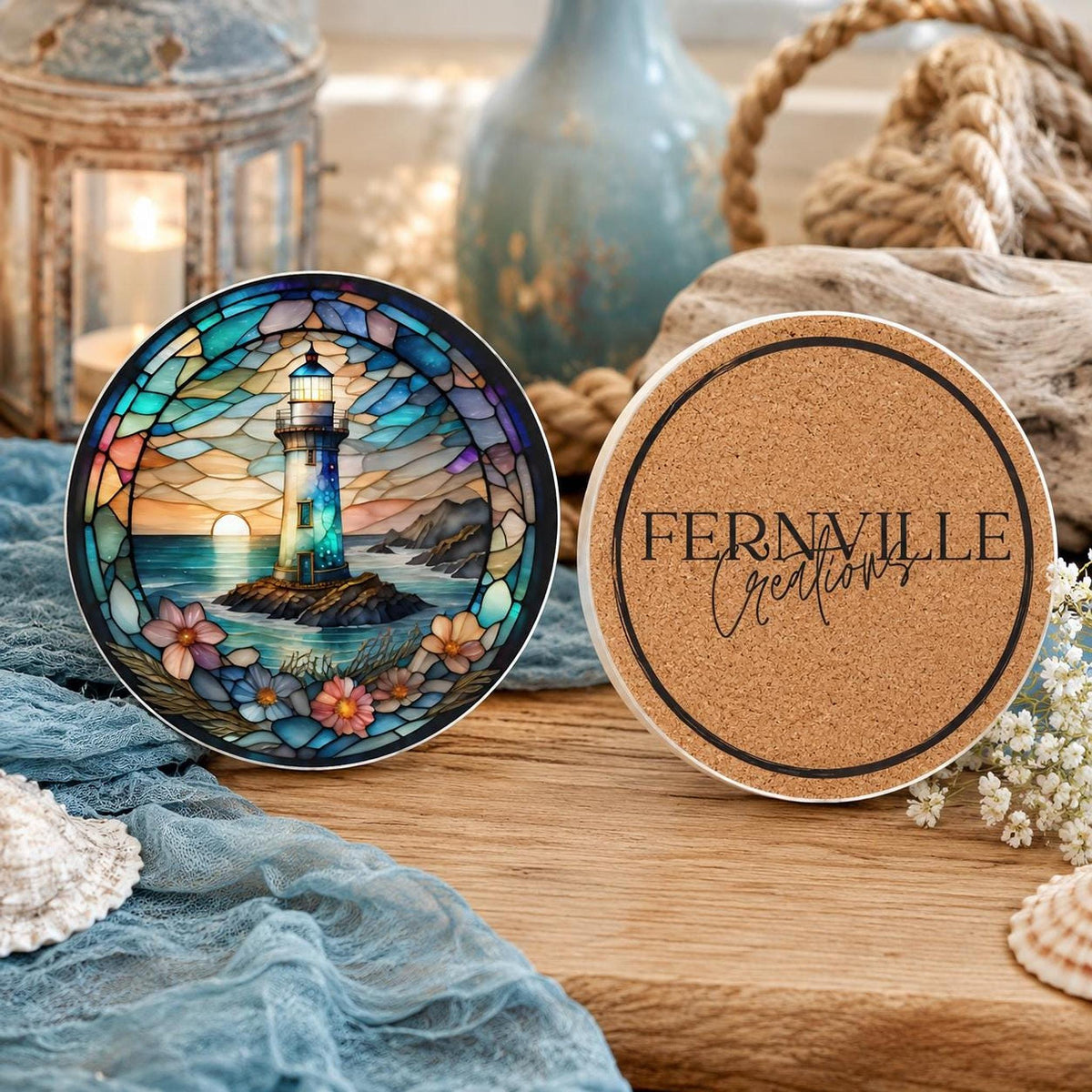 Coastal Coaster with Lighthouse Design, Nautical Ocean Art for Beach Homes