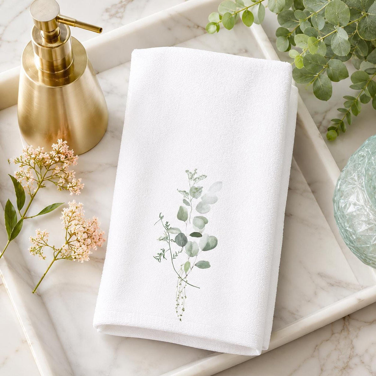 Eucalyptus Towel, Elegant Botanical Hand for Spa Decor