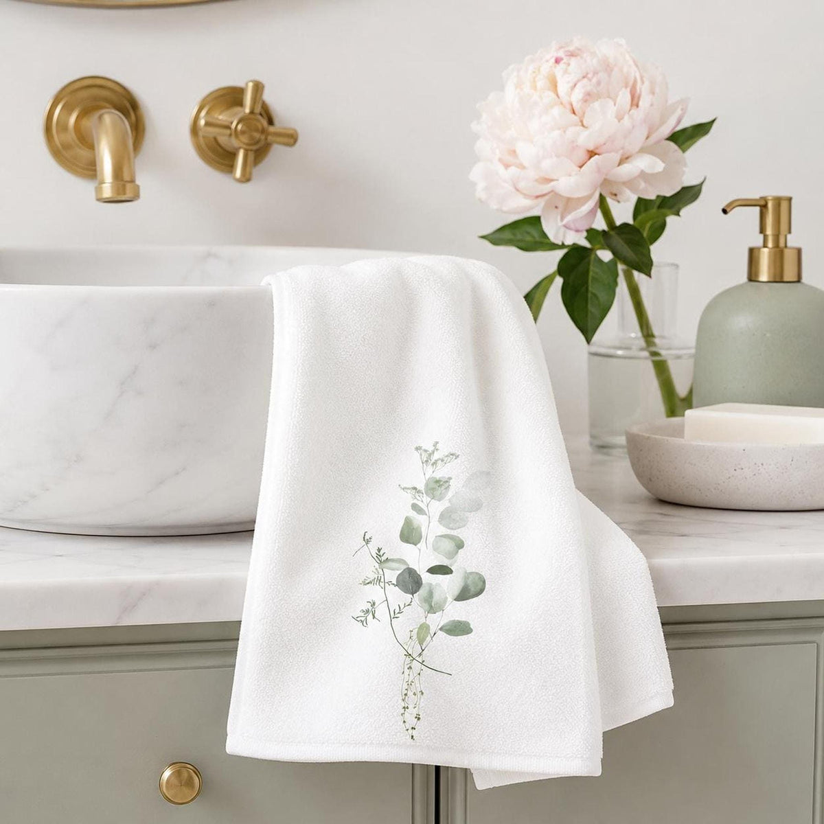 Eucalyptus Towel, Elegant Botanical Hand for Spa Decor