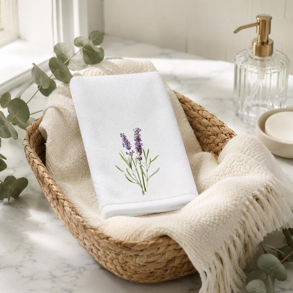 Lavender Towel with Floral Design, Elegant Guest Bath