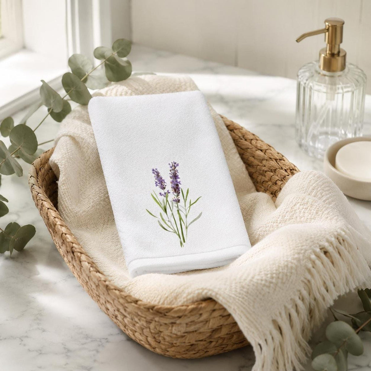 Lavender Towel with Floral Design, Elegant Guest Bath