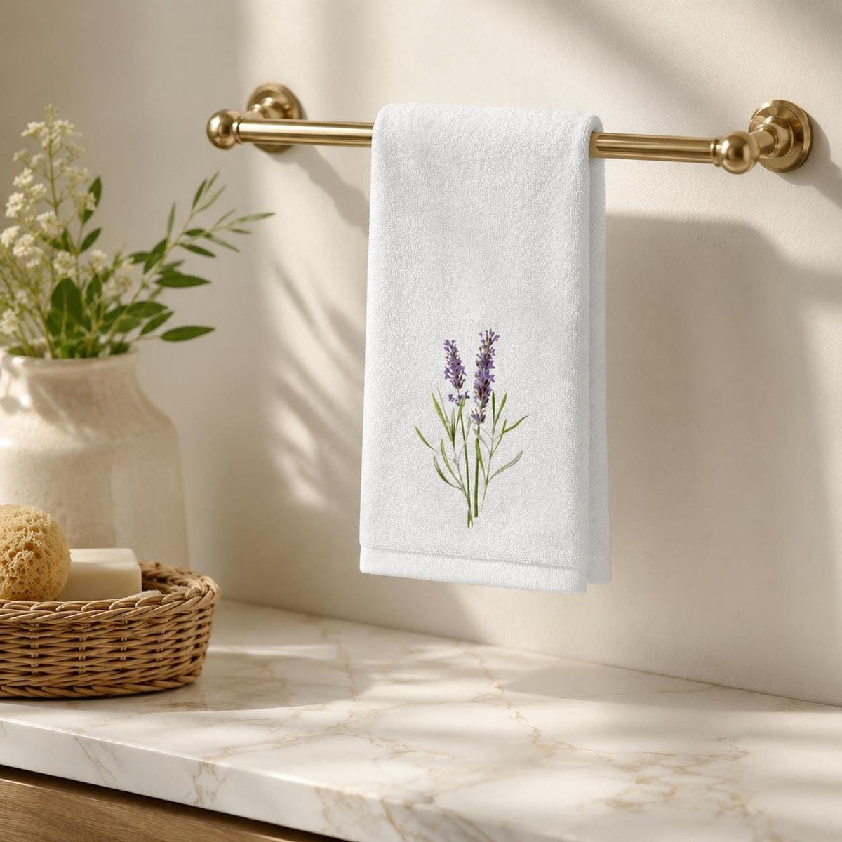 Lavender Towel with Floral Design, Elegant Guest Bath