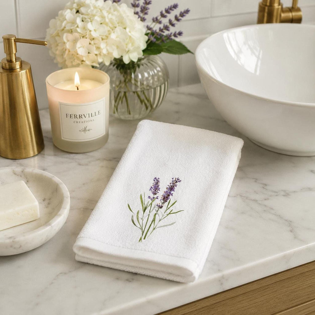 Lavender Towel with Floral Design, Elegant Guest Bath