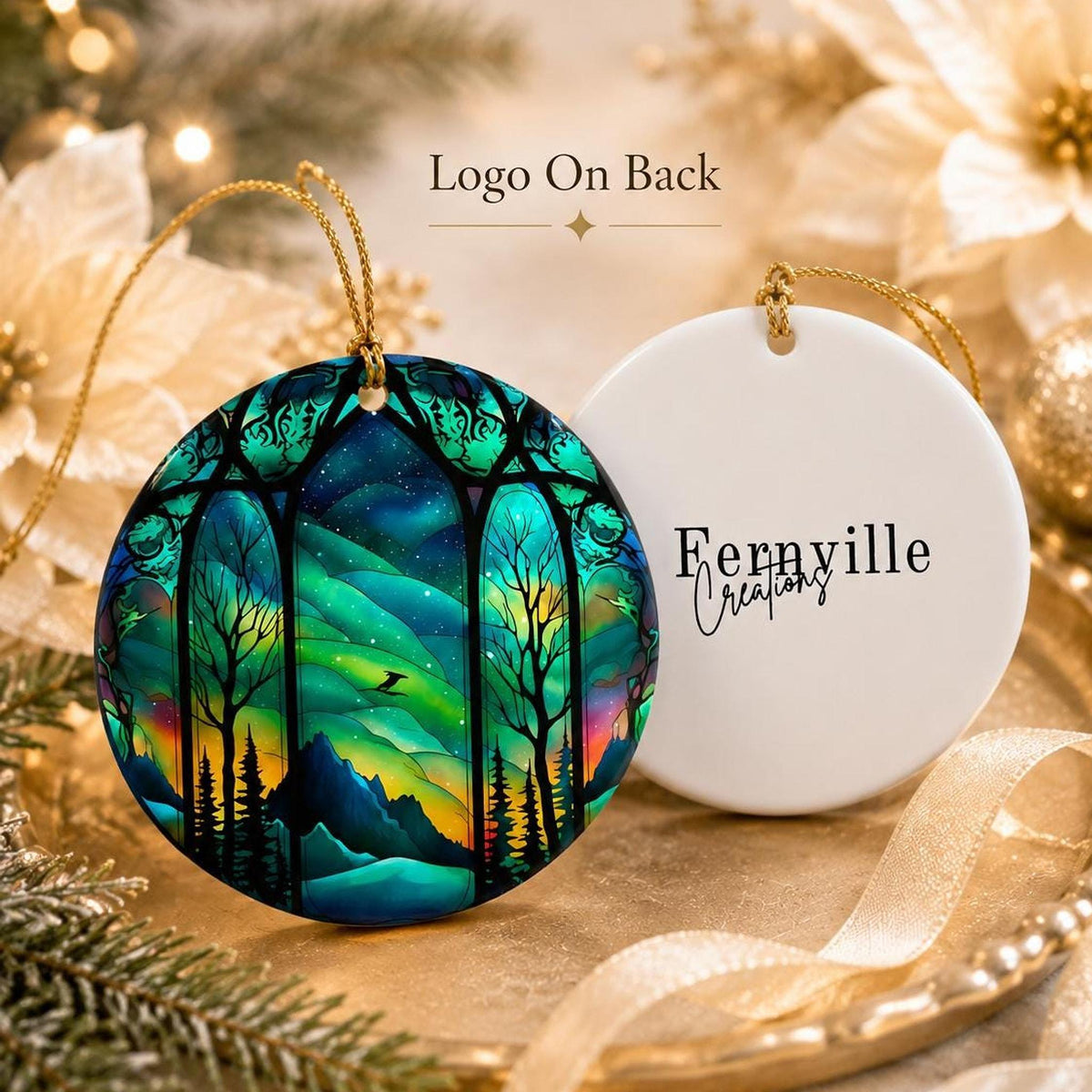 Northern Lights Ceramic Ornament, Winter Scene Tree Decor